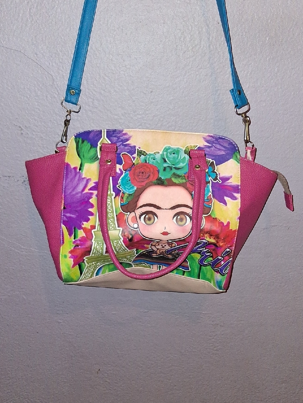 Colorful Frida-Style Satchel Bag with pink Handles and Blue Strap